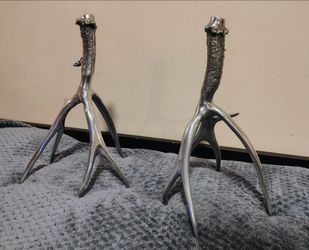 Pair of Heavy Cast Faux Antler Taper Candle Holders - Silver Tone - Rustic Lodge Decor