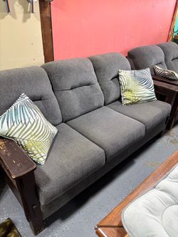 Patio furniture Gray Fabric 3-Seat Sofa with Wood Frame and matching love seat