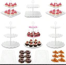10 Pcs Cake Stand White Plastic Dessert Table Stand Set 4 Pcs 3 Tired Cupcake Display Stands Cookie Tray Rack Serving Tray Cake Display Tower