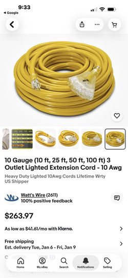 10 Gauge (100 ft) 3 Outlet Lighted Extension Cord - 10 Awg Brand New Paid Over $200