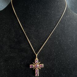 Gold Tone Cross Necklace with Purple Stones