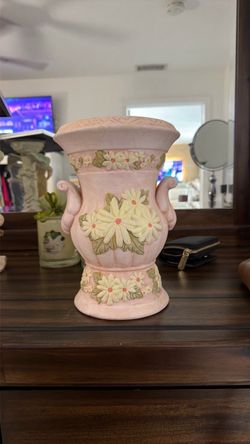 Pink Ceramic Urn Vase with Daisy Relief