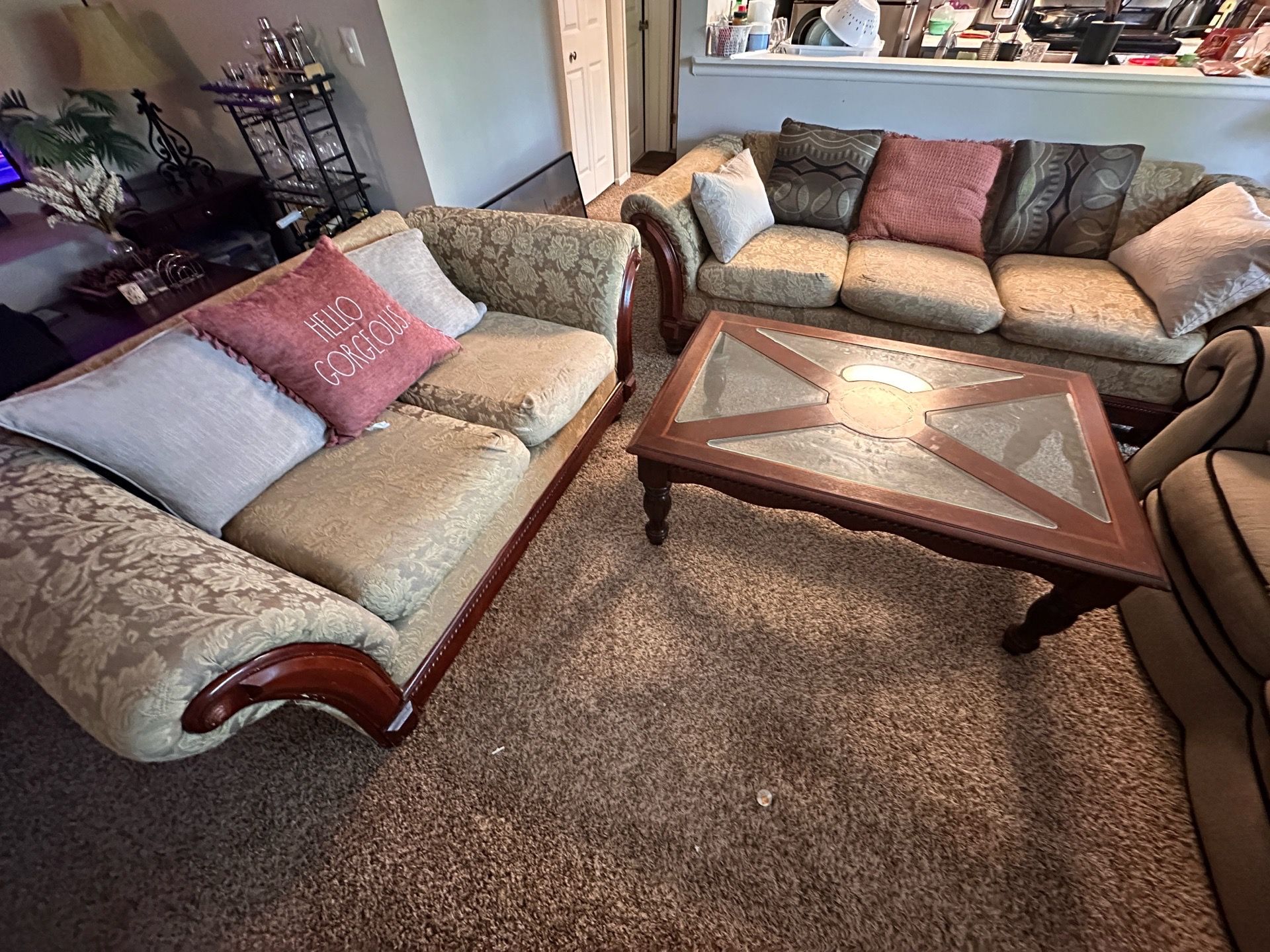Antique Style Sofa & Glass Coffee Table Set – Traditional Living Room Furniture