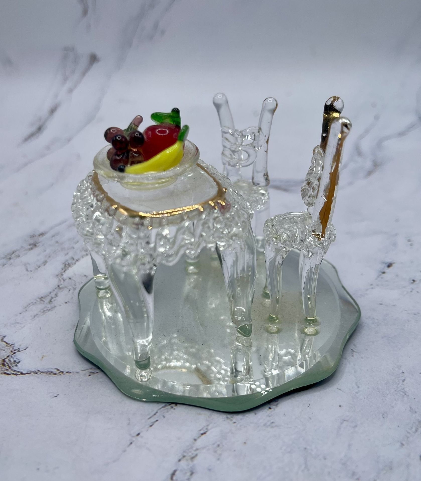 Vintage Blown Glass Crystal Vanity Figurine Two Chairs Table Vase Fruits