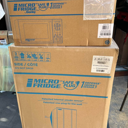 New microfridge size 2 ft top x 18.5” wide x 18” Back fridge have 1 dent on the bottom but nothing else asking $300