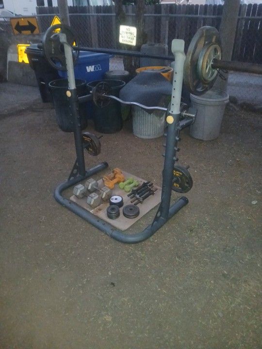 Squat rack,bench Press Bar, Curlbar ,dumbells,Golds Gym Weights,weider Weights,