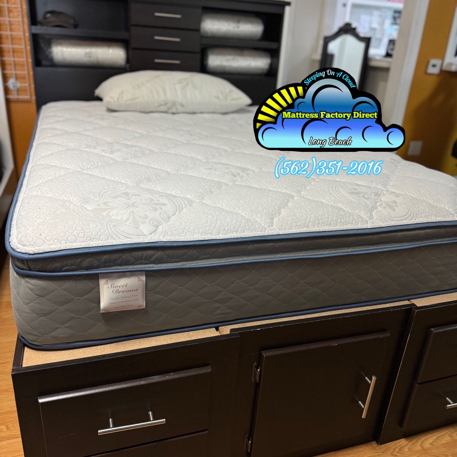 Storage Bed Frame Queen With Blue Gel Hybrid Bed Set 
