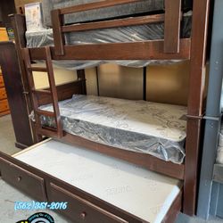 Bunk Bed Brown Triple Twin With Mattresses Included Trundle New