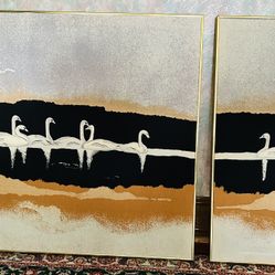 Trapunto Fabric Swans In Two Panels