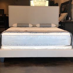 Brand New King Size Beige Velvet Nailhead Bed Frame With New Mattress Set/Fast Delivery