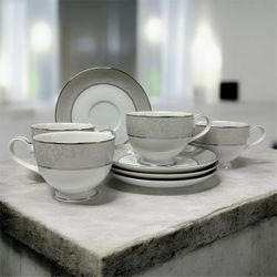 Mikasa Parchment L3438 Tea Cup & Saucer Set of 4 Fine China Silver Trim