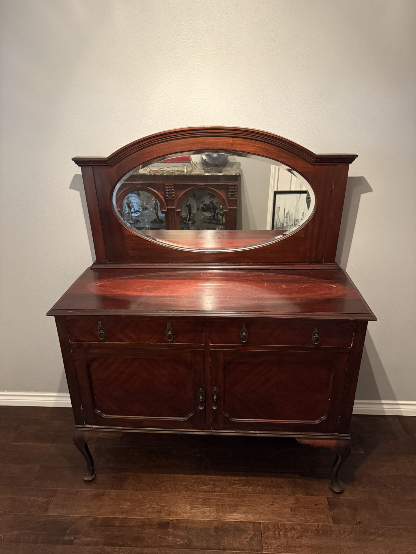 Antique Sideboard / Buffet w/ Attached Oval Mirror