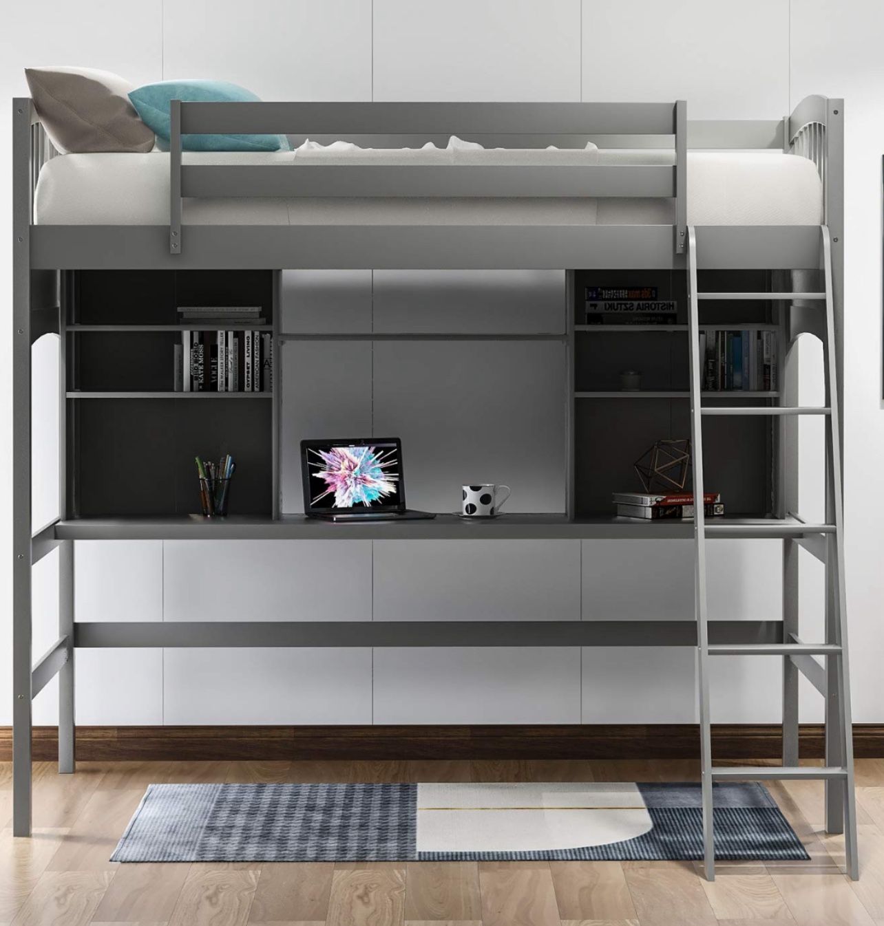 High Loft Bed With Bookcase With Dresser