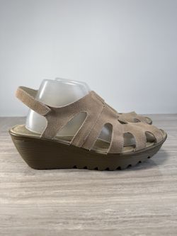 Skechers Memory Foam Wedge Sandals Fisherman Taupe Suede Slingback Size 11