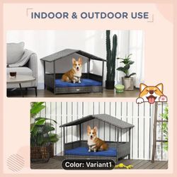 Wicker Dog House Outdoor With Canopy, Rattan Dog Bed With Water-resistant Cushion, For Small And Medium Dogs, Dark Blue