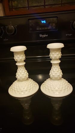 Vintage Fenton Hobnail Milk Glass Candlesticks