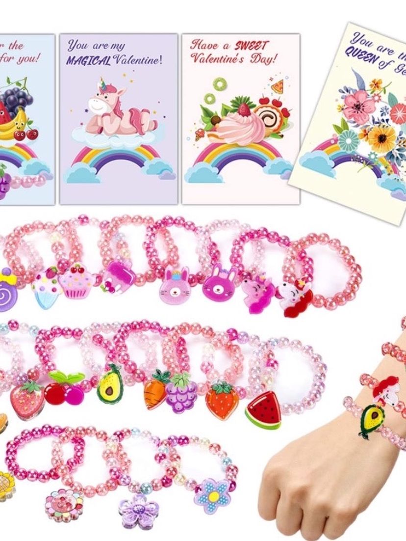 20PCS Kids Valentines Day Cards with Bracelets, Toddler Girls Valentines Gifts, Classroom Exchange Party Favors Toys, Cute Bulk Goodies for School Cla
