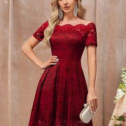 Maroon Red Off The Shoulder Floral Lace Knee Length Formal Dress Large