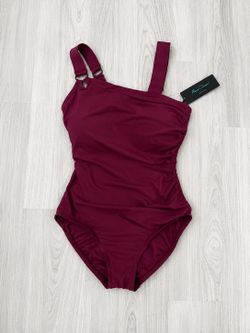 Aqua Green One Piece Swimsuit Medium 8/10 Burgundy Ruched Tummy Control NWT