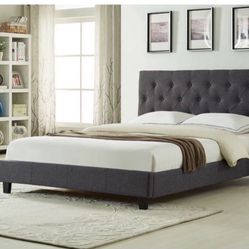 Brand New In Box Queen Size Dark Grey Linen Upholstered Bed With Mattress. Assembly Required, We Can Deliver, Cama Con Colchon.