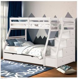 White Twin/Full Bunk Bed w Stairway Chest and Trundle