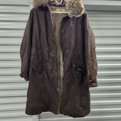 Woolrich Brown Insulated Trench Coat w/ Faux Fur Detachable Collar, Womens L