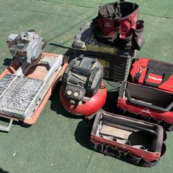Tile Saw Ridgid, Compressor , And Tool Bags Up