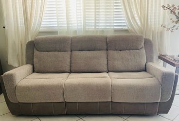 3-Seat Recliner Sofa Gray Fabric and Brown Base