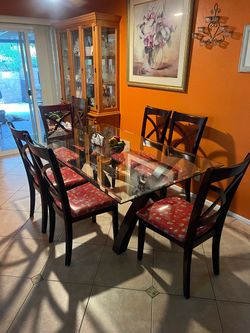 Dining Table Glass & Wood w/ 6 chairs