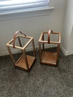 Set of 2 Wood and Glass Candle Lanterns