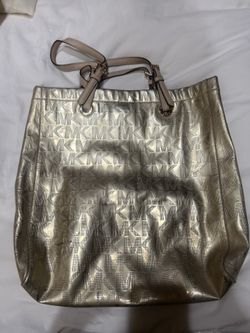 Michael Kors Mirror Tote Bag Metallic Gold Silver MK Logo Satchel VG