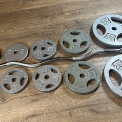 Standard NEW Curl Bar With CAP Cast Iron Plates  Total: 117 lbs