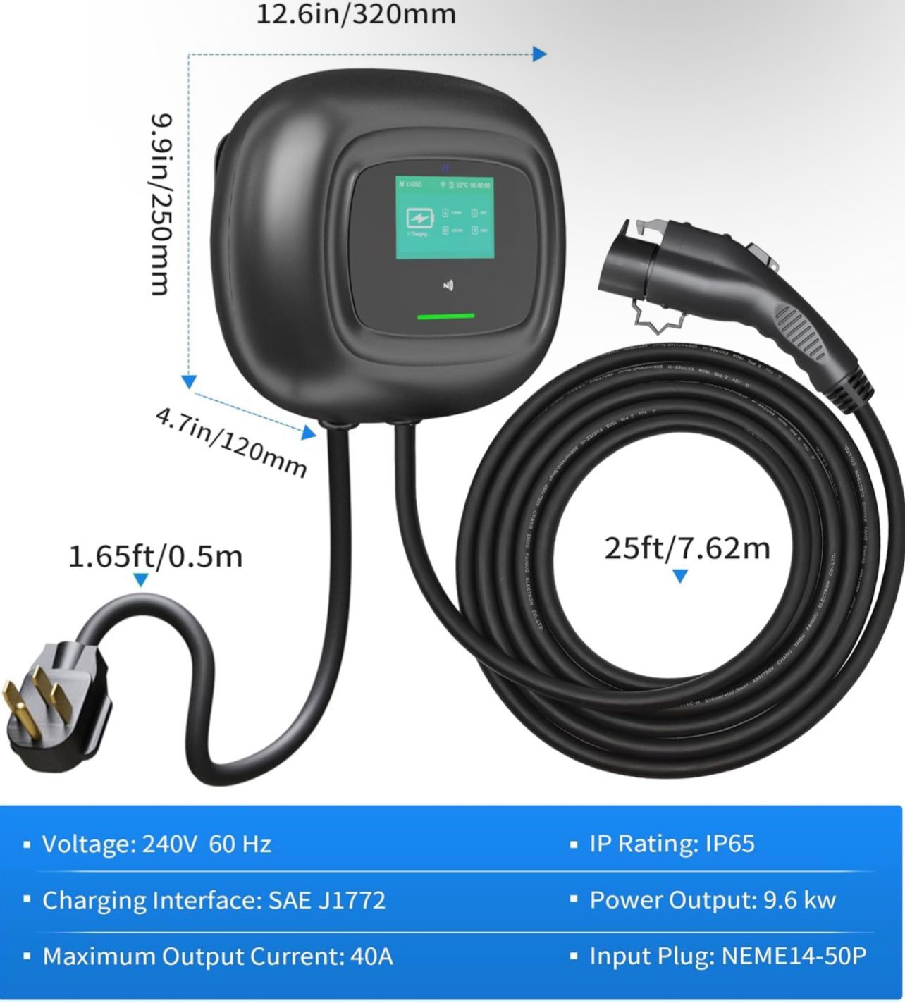 KHONS Level 2 EV Charger Up to 40 Amp 240V 10kW Home Car Charger NEMA 14 50 Plug 25ft Cable Indoor/Outdoor Car Charging Station Plug and Play EVSE Bla