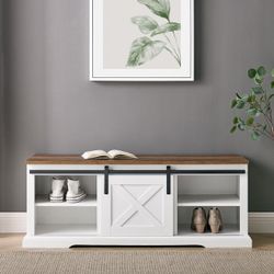 Walker Edison 48" Sliding Barn Door Entry Bench with Storage, White/Rustic Oak