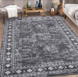 5×7 Modern Bordered Area Rug Machine Washable Rug Low Pile Non-Slip Accent Rug