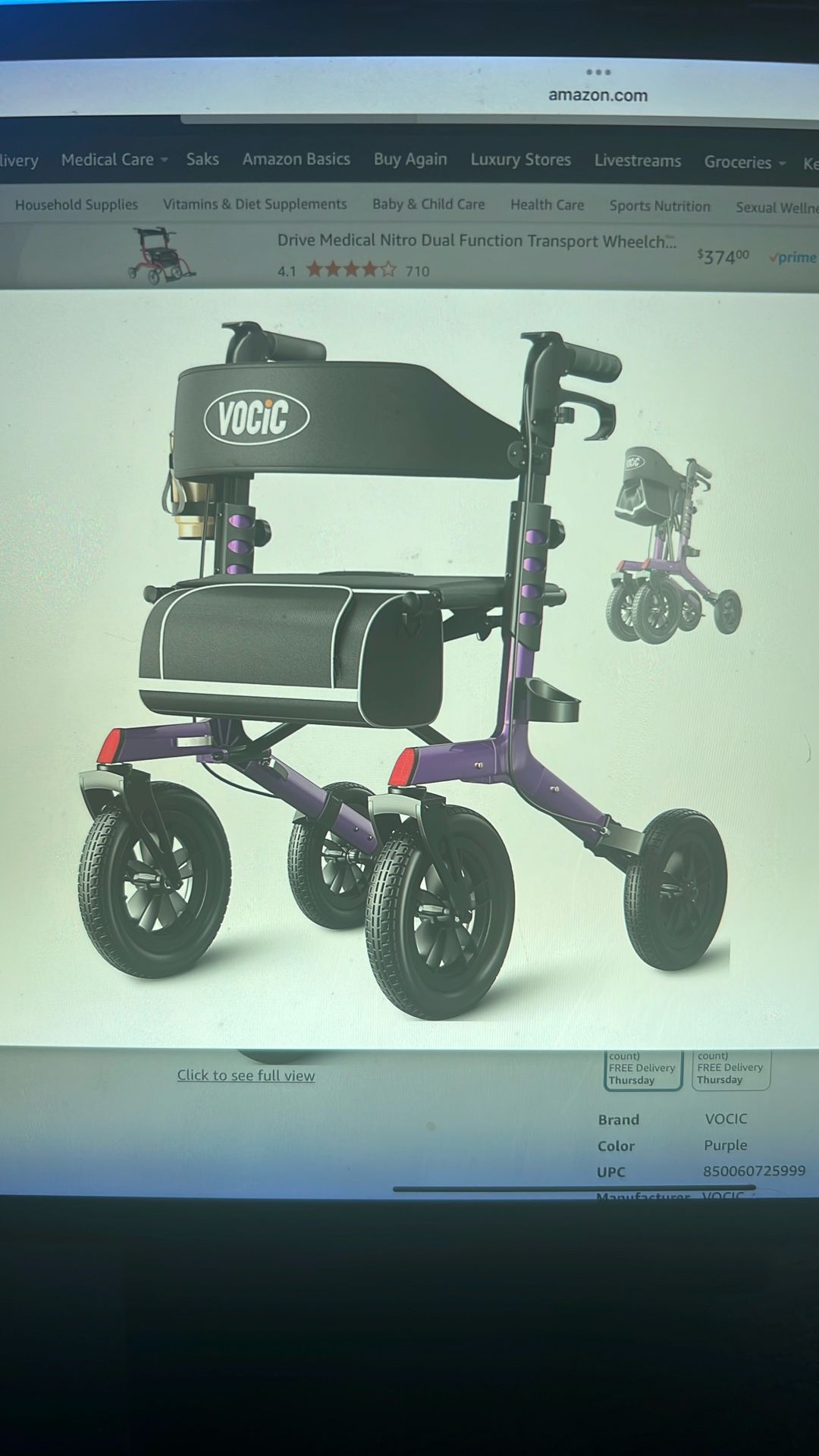 NEW Walker w/Seat for Seniors. Z57 Outdoor Rollator Walker with 12" All Terrain Big Wheels, 7-Level Adjustable Height Rolling Walker w/Safety Brakes