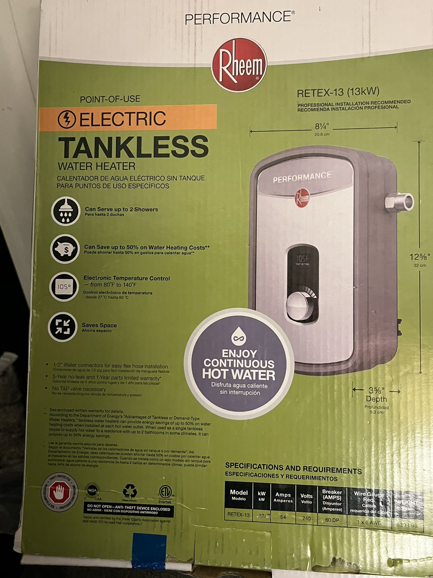 **NEW** Rheem Performance 13 kW Self-Modulating 2.54 GPM Tankless Electric Water Heater