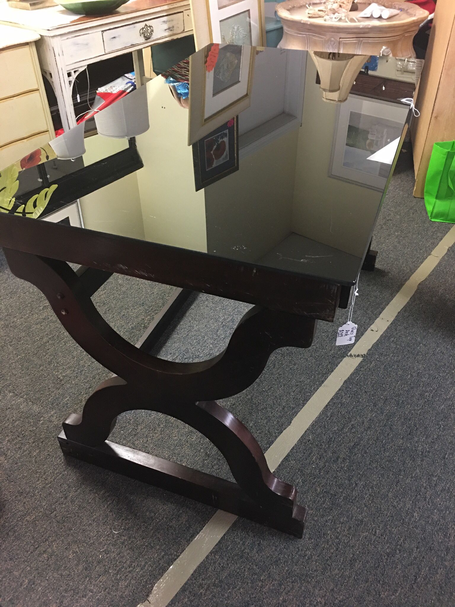 Desk, Dark Wood And Thick Black Glass 