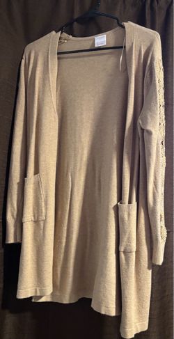Tan Open-Front Knit Cardigan with Lace Sleeves