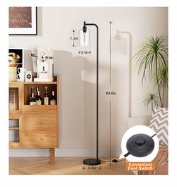 Industrial Floor Lamp with Glass Shade - Black, LED Bulbs, Foot Pedal Switch
