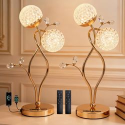 Crystal LED Bedside Lamps Set of 2 Gold
