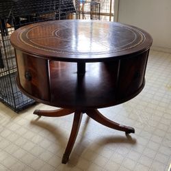 Antique Drum Table Leather On Top With Gold