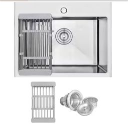 AKDY Handmade Drop-in Stainless Steel 25 in. x 22 in. Single Bowl Kitchen Sink with Drying Rack