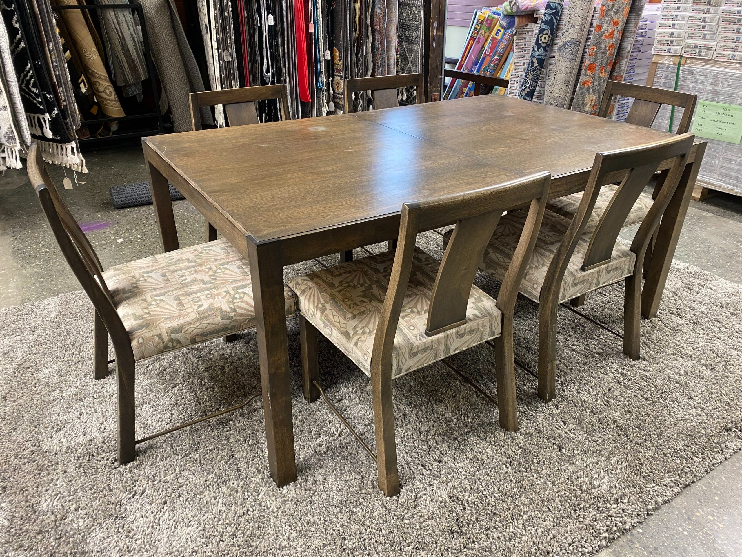 DUNBAR Vintage Mid-Century Modern Rectangular Dining Table w/ 6 Upholstered Woodback Dining Chairs (Set of 7)