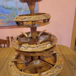 Vintage Large Hand Carved 4 Tier Wooden Monkey Pod Lazy Susan.  