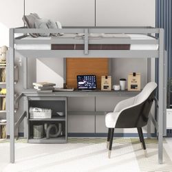 Loft Bed with Desk and Writing Board, Wooden Loft Bed with Desk & 2 Drawers Cabinet