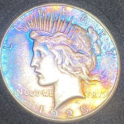 1925 piece dollar silver, rainbow, multicolored, front and back