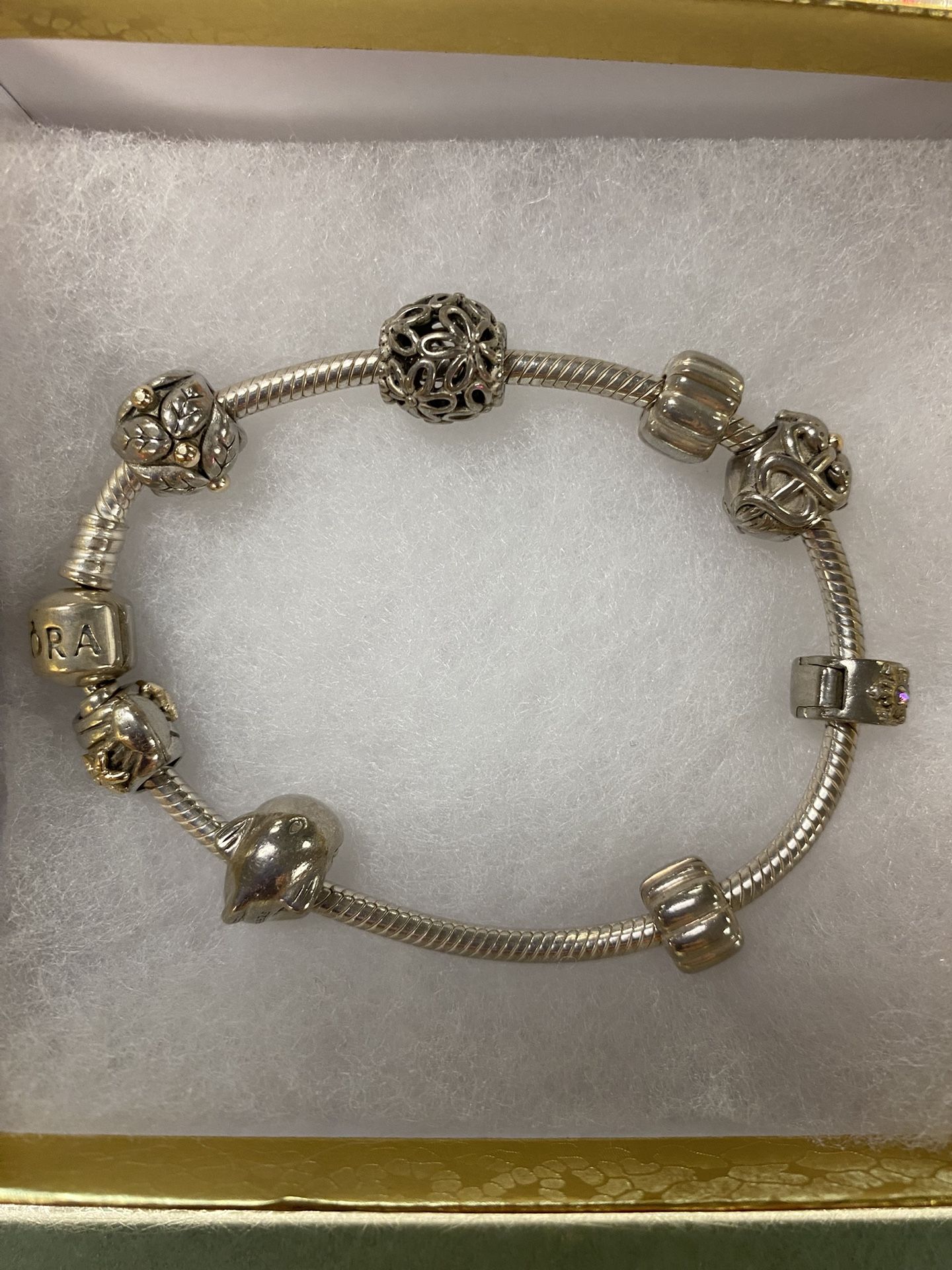 Pandora 7” Silver Bracelet With Charms & Gold Accents