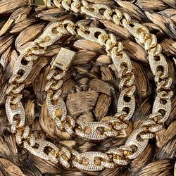 Men's Figarucci Link Cuban Chain 22 Inches Necklace, 14K Gold 5X Layered Cuban Chain, Bling Necklace, CZ Diamond Choker, ICY