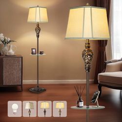 Rustic Floor Lamp for Living Room with Nightlight and Glass Tray